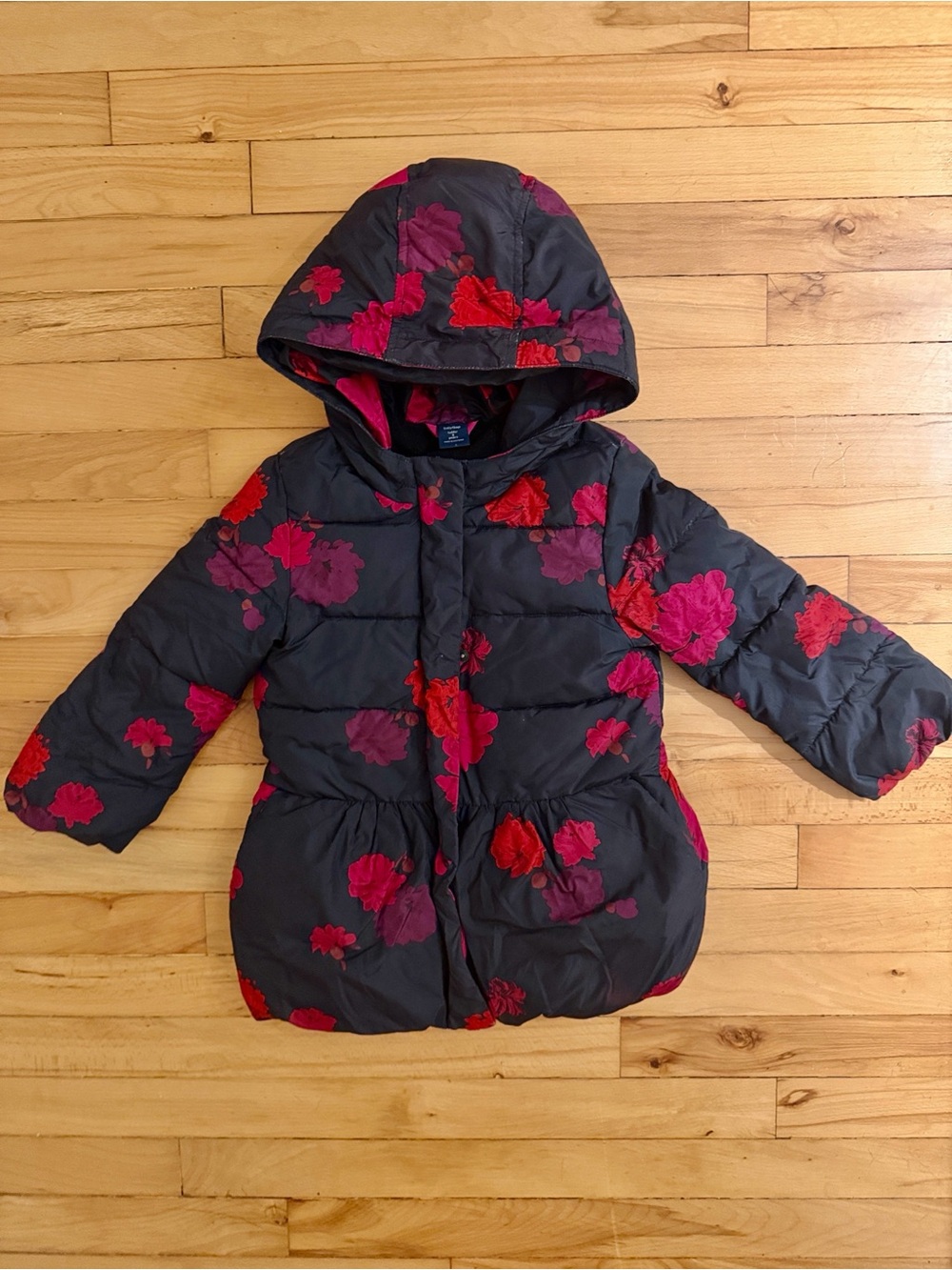 GAP Black Hooded Floral Puffer Jacket with Pink & Red Flowers